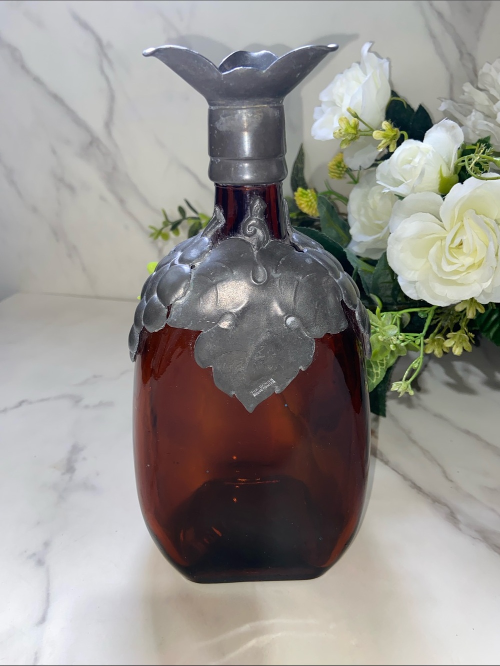 Vintage Amber Glass Decorative Bottle with Grape Vines Silver Tone Accents Vase